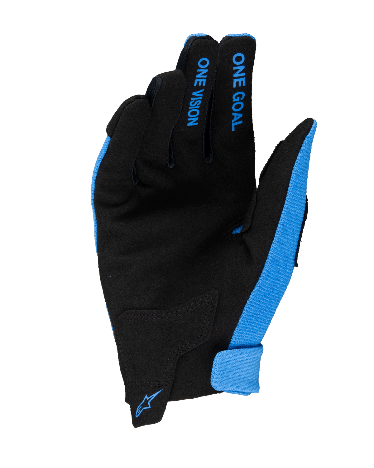 Alpinestars 2025 Radar-handskar för ungdom, motocrosshandskar, blå och svarta, vy av handflatan i syntetisk mocka, blå text "ONE GOAL" och "ONE VISION" på fingrarna, liten blå Alpinestars-logotyp på handledsstängningen