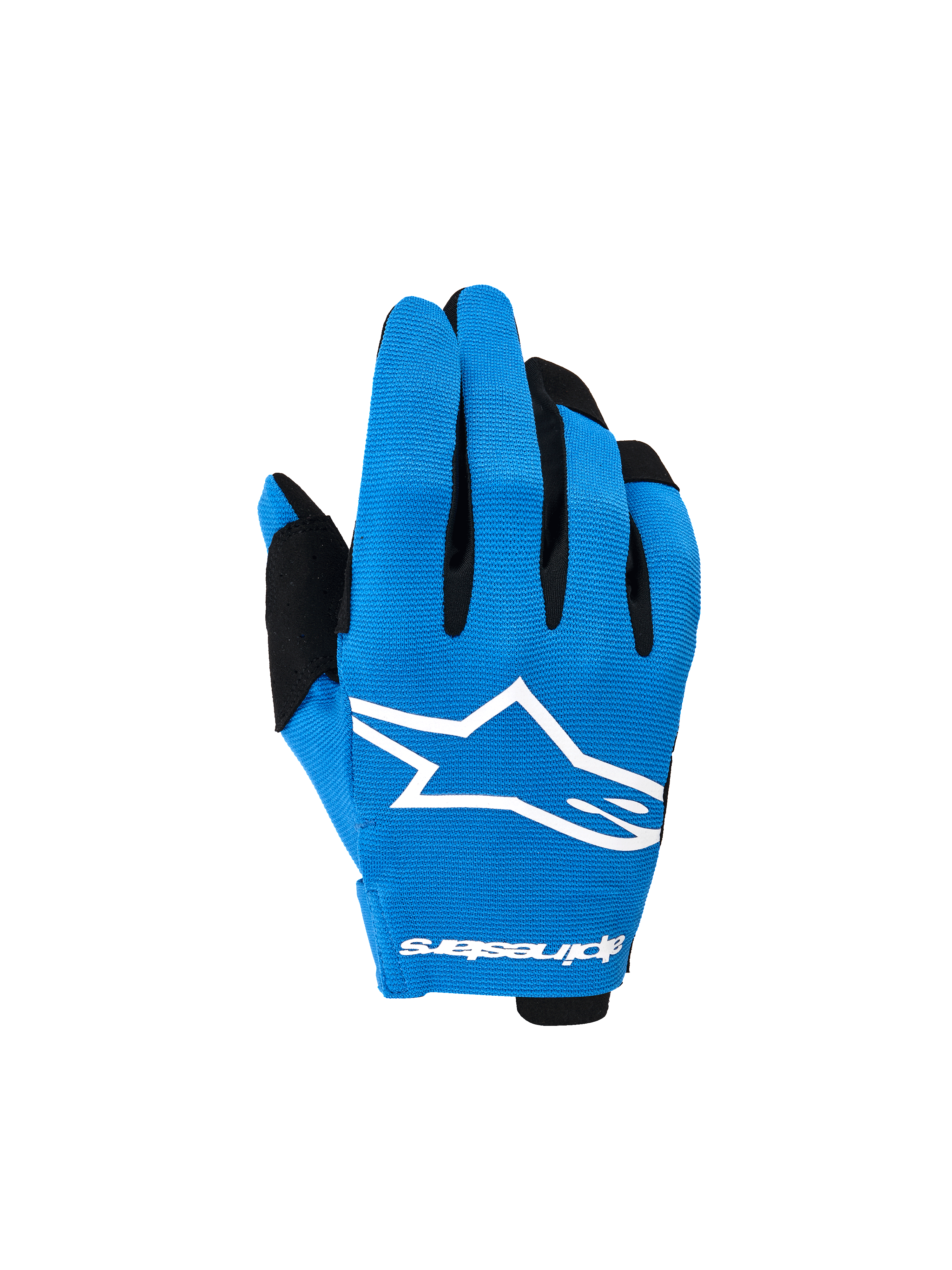 Alpinestars 2026 Youth Radar handskar, motocrosshandskar, UCLA-blå och svart, med en framträdande vit stjärnlogotyp på ovansidan, svarta detaljer på fingrarna och en lätt, stretchig konstruktion för terrängkörning