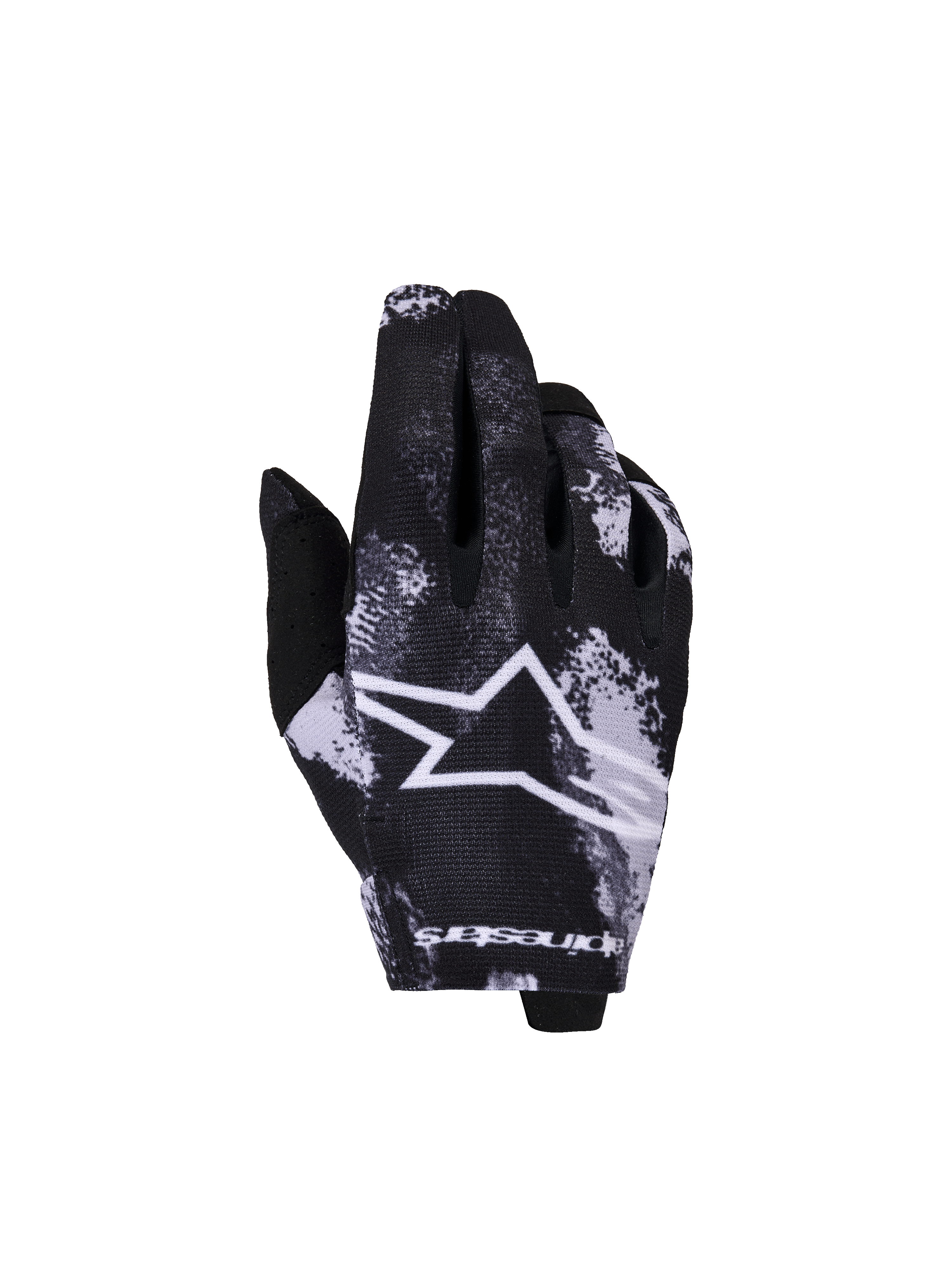 Alpinestars 2026 Youth Radar-handskar, motocross- och offroadhandskar, svarta och vita, stjärnlogotyp med stänkmönster, texturerad tygkonstruktion, ungdomsstorlekar