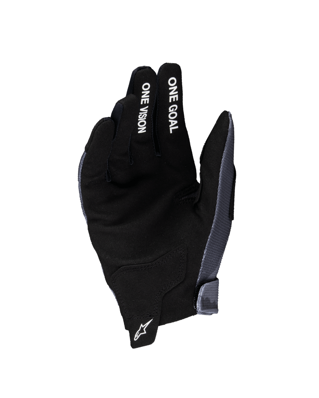 Alpinestars 2025 Youth Radar-handskar, motocrosshandskar, grå och svarta, vy från handflatan med material i syntetmocka, vit "ONE GOAL"- och "ONE VISION"-text på fingrarna, vit stjärnlogotyp på dragfliken vid handleden, specialiserade för terrängkörning för ungdomar