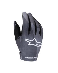 Alpinestars 2025 Youth Radar Gloves, Motocross Gloves, Gray Dark Camo, featuring a white star logo on the backhand, sublimated camouflage pattern, black thumb reinforcement, and lightweight construction for youth off-road racing