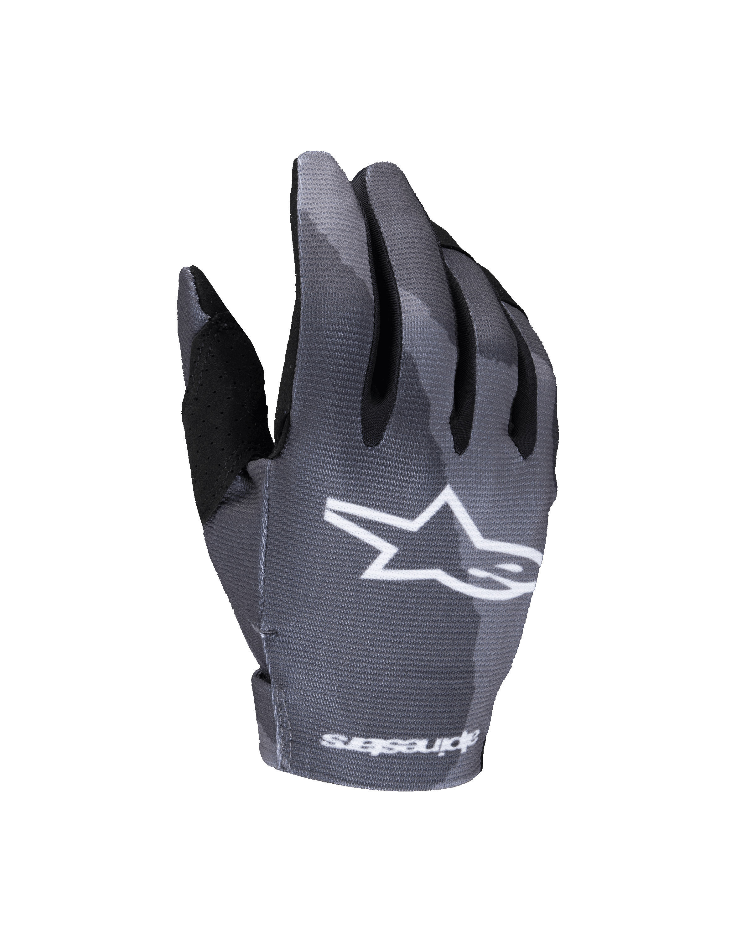 Alpinestars 2025 Youth Radar Gloves, Motocross Gloves, Gray Dark Camo, featuring a white star logo on the backhand, sublimated camouflage pattern, black thumb reinforcement, and lightweight construction for youth off-road racing