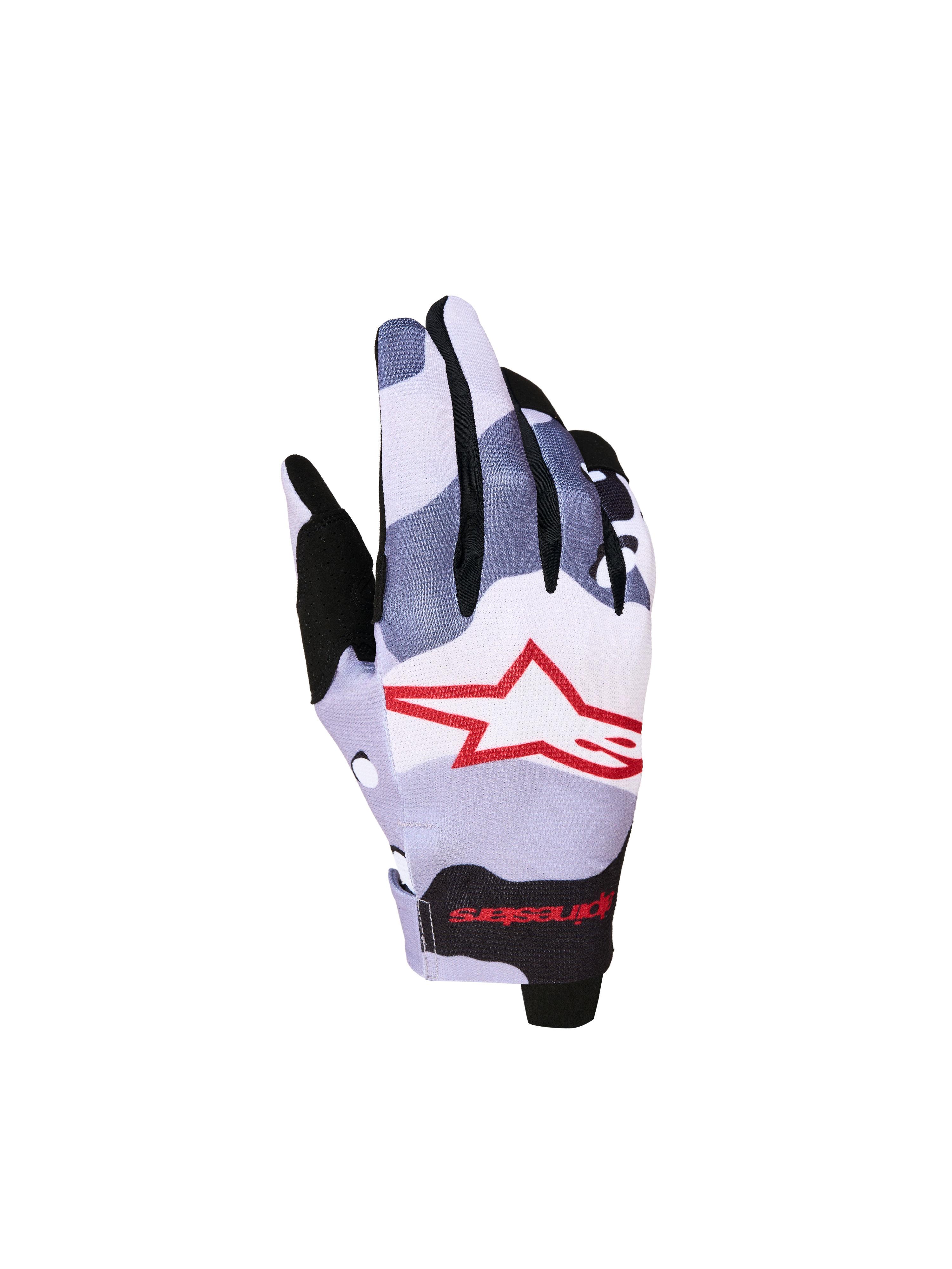 Alpinestars Radar 2027 ungdomshandskar, grå och röda kamouflagemönstrade motocrosshandskar med stretchovansida och stjärnlogotyp.