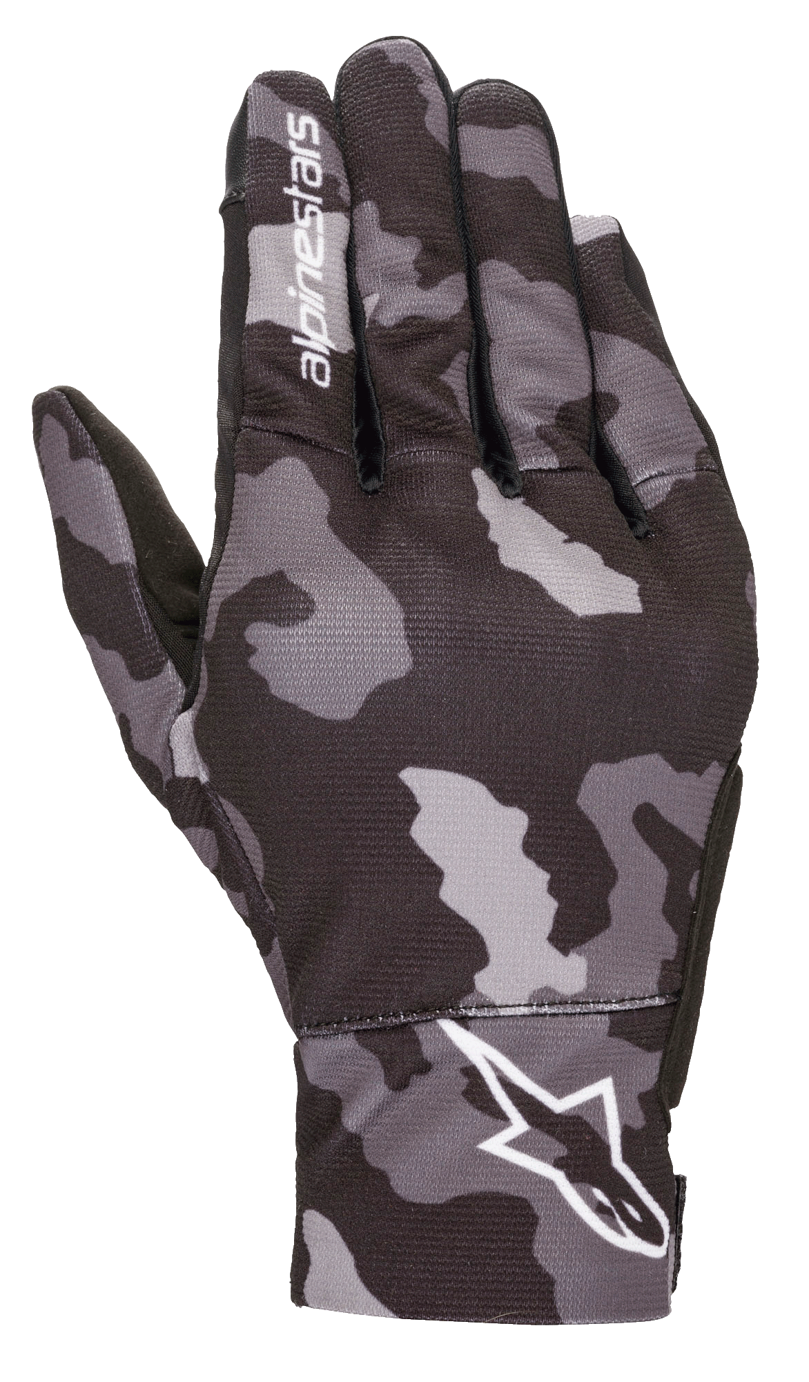 Alpinestars Youth Reef handskar, urbana motorcykelhandskar, svart grå kamouflage, vy av handryggen med ett grått kamouflagemönster, vit Alpinestars-logotyp på handleden och pekfingret, lätt konstruktion i stretchtextil