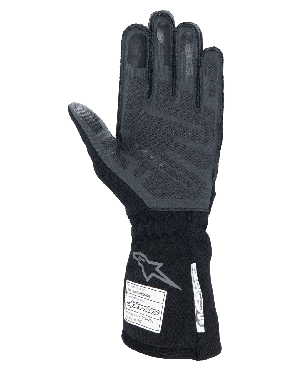 Alpinestars Tech-1 ZX V4-handskar, Black Anthracite, vy av handflata med texturerat 3D-silikongrepp, lång mudd med FIA- och SFI-certifieringsetiketter, professionella bilracinghandskar