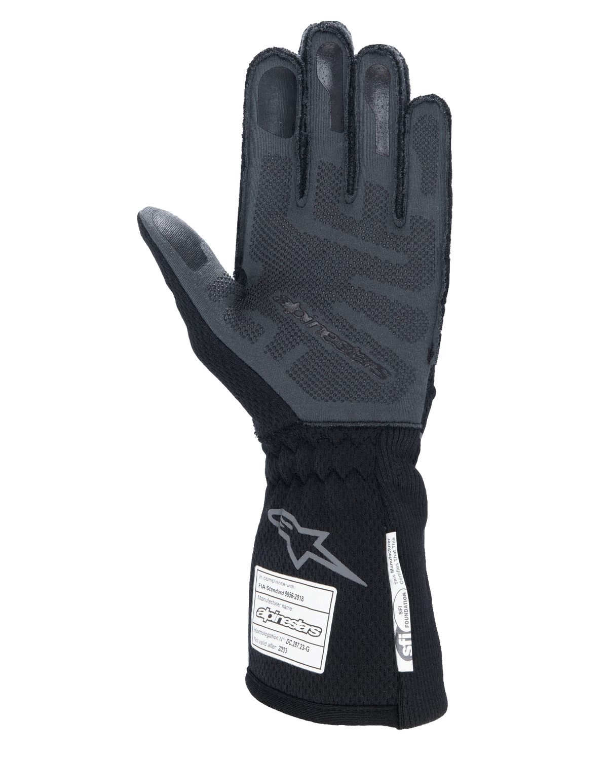 Alpinestars Tech-1 ZX V4-handskar, Black Anthracite, vy av handflata med texturerat 3D-silikongrepp, lång mudd med FIA- och SFI-certifieringsetiketter, professionella bilracinghandskar