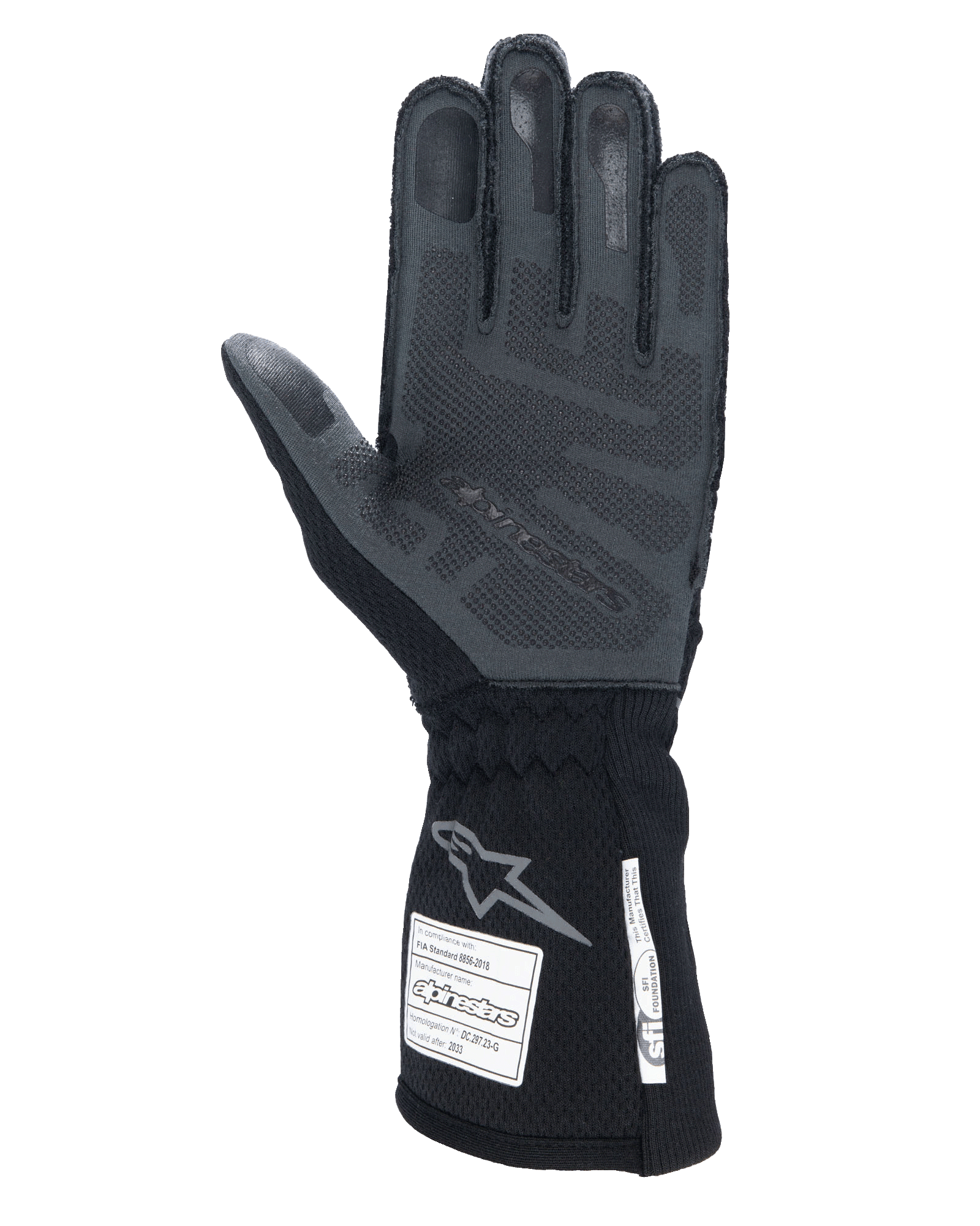 Alpinestars Tech-1 ZX V4-handskar, Black Anthracite, vy av handflata med texturerat 3D-silikongrepp, lång mudd med FIA- och SFI-certifieringsetiketter, professionella bilracinghandskar