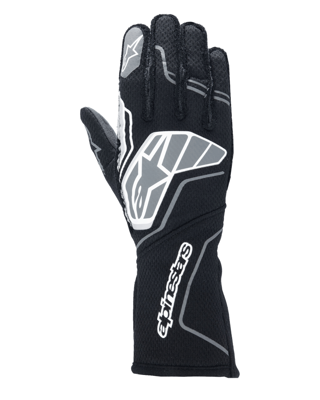 Alpinestars Tech-1 ZX V4 handskar, racinghandskar, svarta och antracitgrå, med en stor stjärnlogotyp på handryggen och Alpinestars ordmärke på den långa kragen, stjärnlogotyp på pekfingret, professionell flamsäker konstruktion