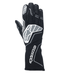 Alpinestars Tech-1 ZX V4 handskar, racinghandskar, svarta och antracitgrå, med en stor stjärnlogotyp på handryggen och Alpinestars ordmärke på den långa kragen, stjärnlogotyp på pekfingret, professionell flamsäker konstruktion