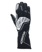 Alpinestars Tech-1 ZX V4 handskar, racinghandskar, svarta och antracitgrå, med en stor stjärnlogotyp på handryggen och Alpinestars ordmärke på den långa kragen, stjärnlogotyp på pekfingret, professionell flamsäker konstruktion