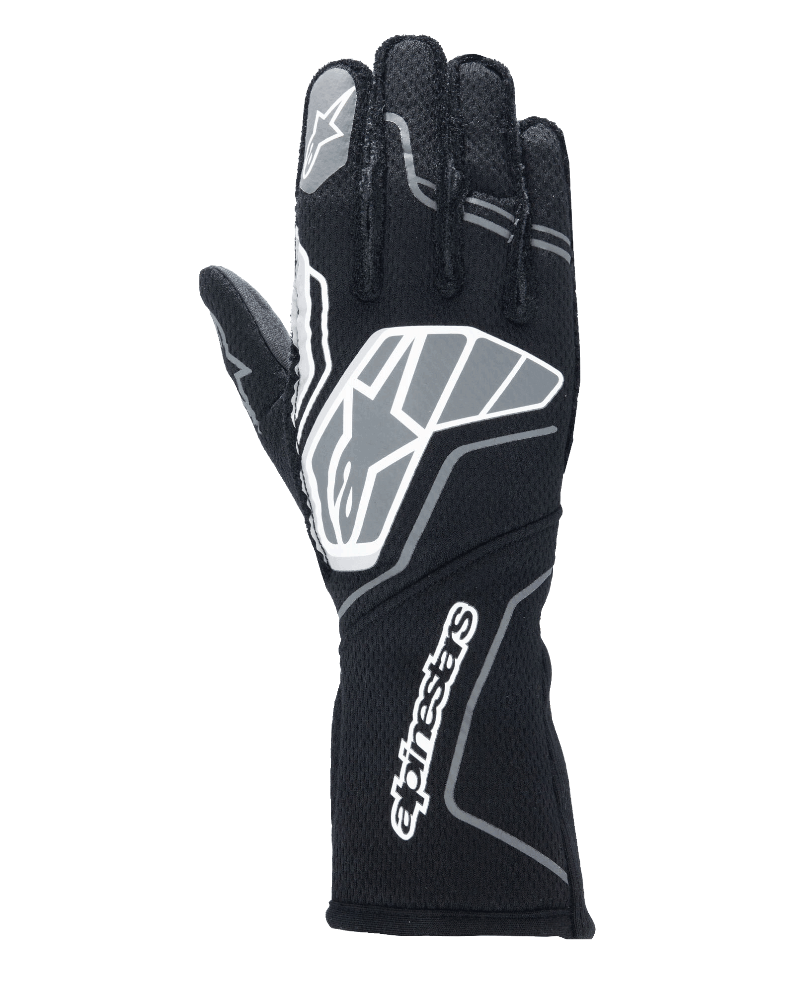 Alpinestars Tech-1 ZX V4 handskar, racinghandskar, svarta och antracitgrå, med en stor stjärnlogotyp på handryggen och Alpinestars ordmärke på den långa kragen, stjärnlogotyp på pekfingret, professionell flamsäker konstruktion