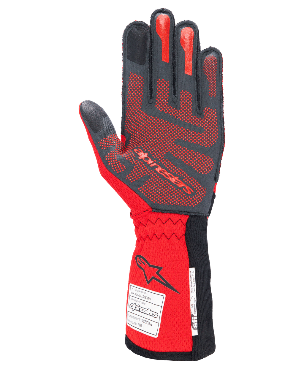 Alpinestars Tech-1 ZX V4 Gloves, Auto Racing Gloves, Black and Red, palm side showing red 3D silicone grip patterning and FIA/SFI homologation labels on the cuff, designed for high-performance motorsport