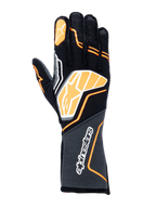 Alpinestars Tech-1 ZX V4 Gloves, Auto Racing Gloves, Black with Orange Fluo and White accents, featuring a large graphic logo on the back of the hand, honeycomb textured fabric on the cuff, sporty geometric design for professional racing