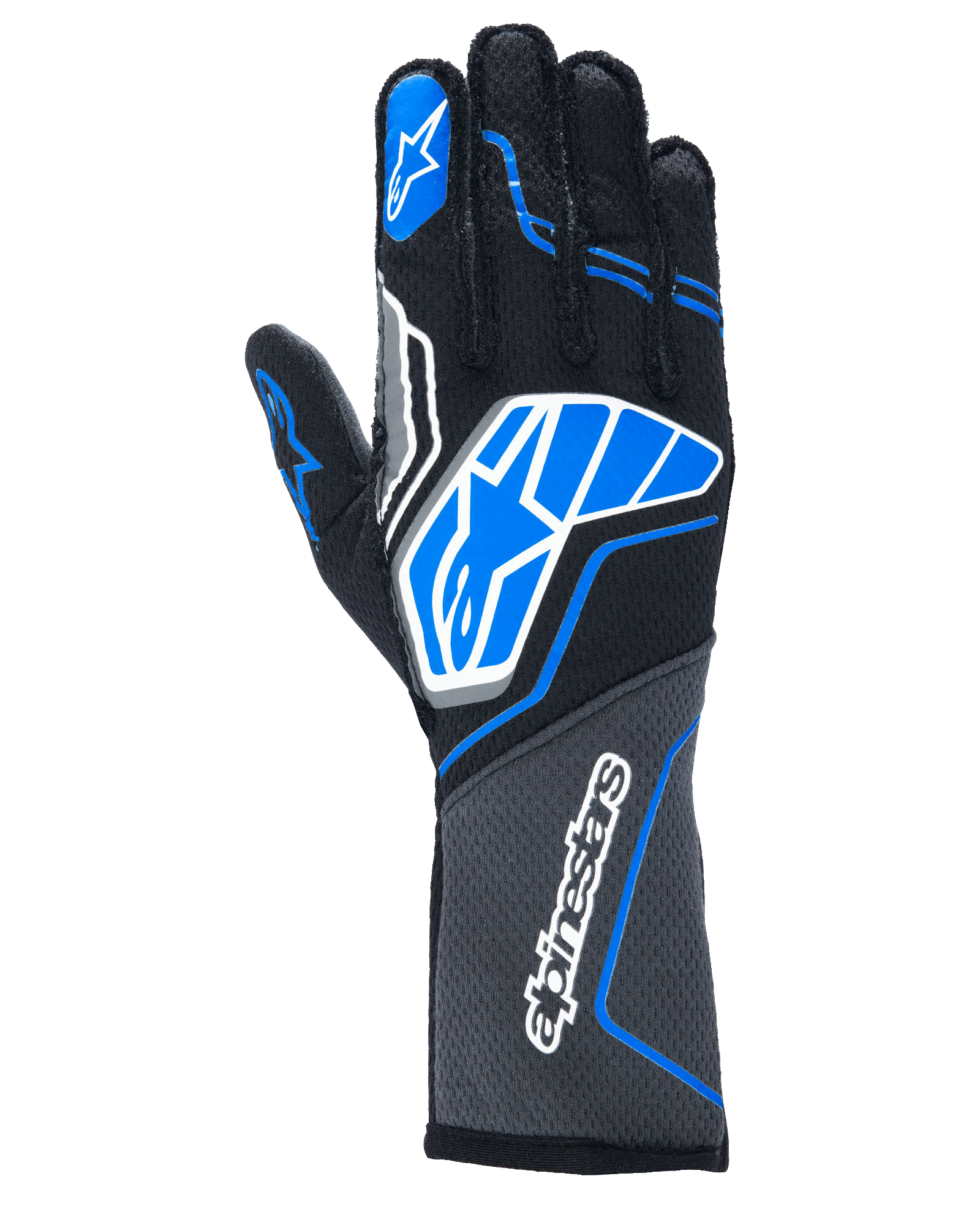 Alpinestars Tech-1 ZX V4 Gloves, Auto Racing Gloves, Black with Blue and Grey Accents, featuring the white Alpinestars star logo and wordmark, honeycomb fabric construction, professional motorsport gear.