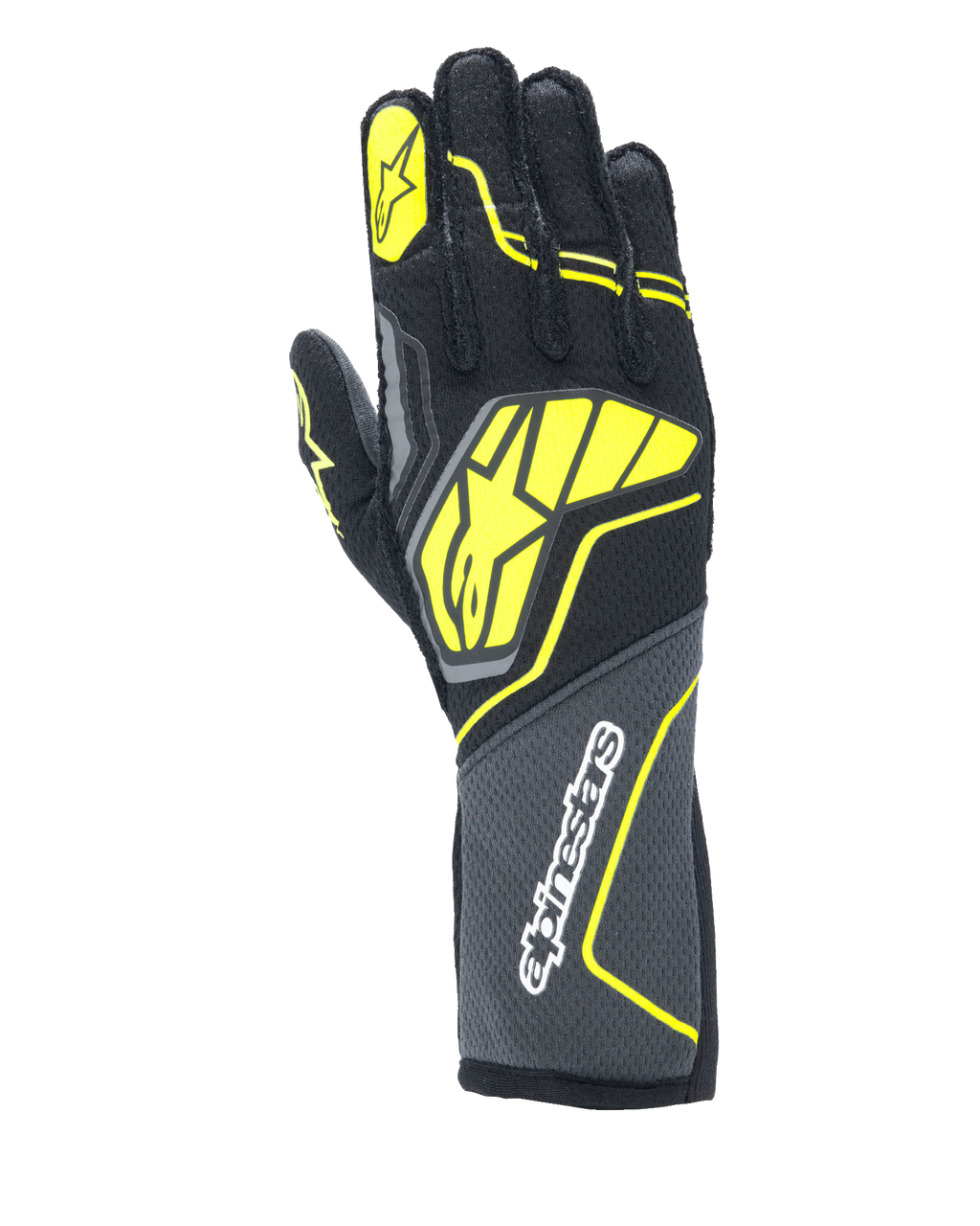 Alpinestars Tech-1 ZX V4 Gloves, Auto Racing Gloves, Tar Gray, Black and Yellow Fluo, featuring a large yellow star logo on the back and white branding on the cuff, honeycomb textured fabric with angular neon accents, professional motorsport gear.
