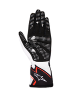 Alpinestars Tech-1 K Race V2 handskar Graphic 1, kartinghandskar, vit, svart och starkt orange, vy av handflatan med svart syntetisk mocka och vita silikonprickar för grepp, ergonomisk design med Alpinestars-logotyp på manschetten