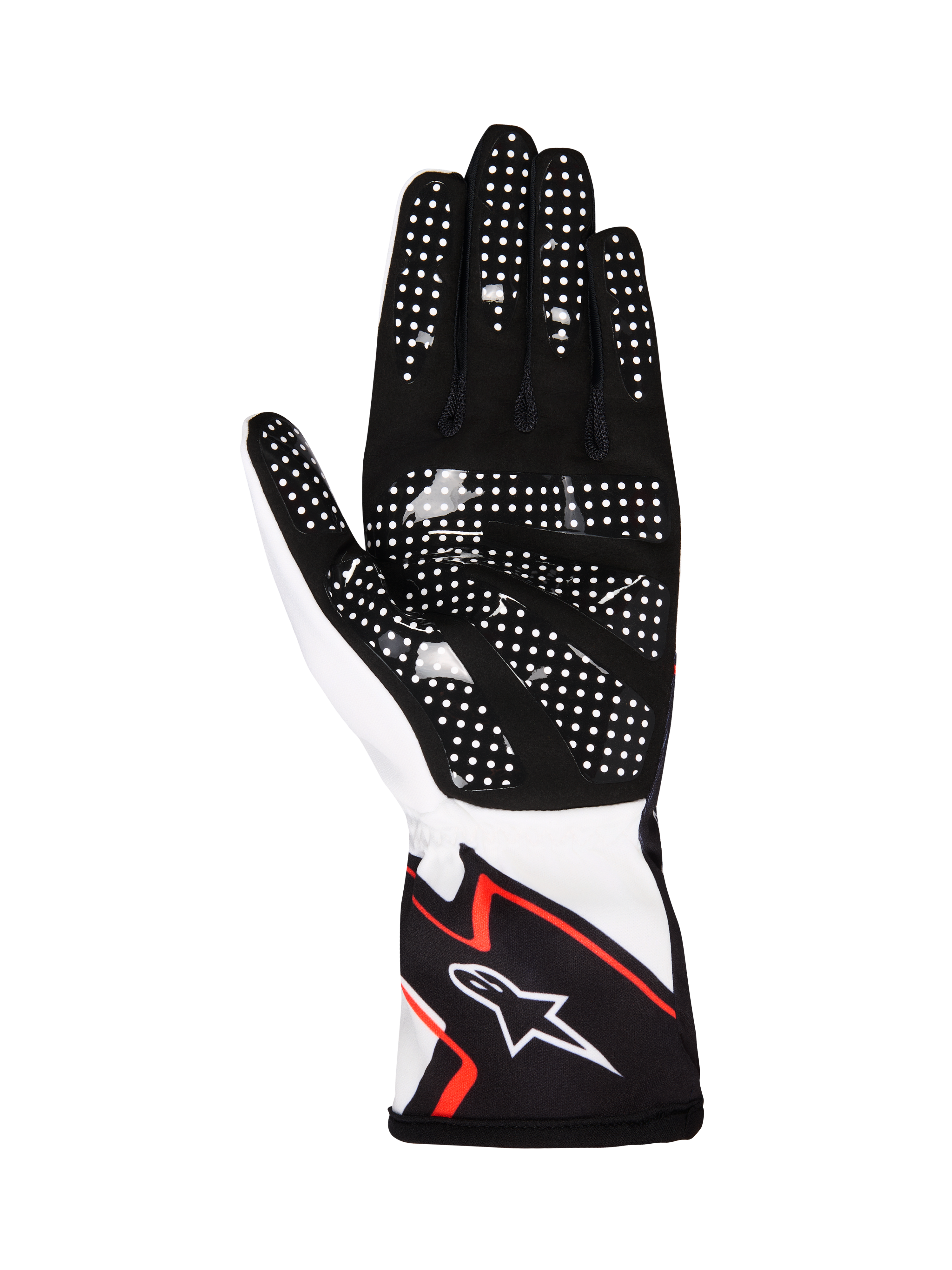 Alpinestars Tech-1 K Race V2 handskar Graphic 1, kartinghandskar, vit, svart och starkt orange, vy av handflatan med svart syntetisk mocka och vita silikonprickar för grepp, ergonomisk design med Alpinestars-logotyp på manschetten