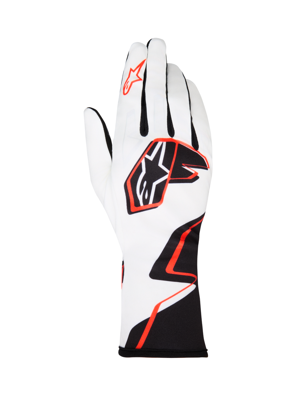 Alpinestars Tech-1 K Race V2 Graphic 1 kartinghandskar, vita med svart och Hot Orange geometrisk design, med Alpinestars stjärnlogotyp på ovansidan och pekfingret, lättviktigt ventilerande textilmaterial med förlängd manschett
