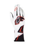 Alpinestars Tech-1 K Race V2 Graphic 1 kartinghandskar, vita med svart och Hot Orange geometrisk design, med Alpinestars stjärnlogotyp på ovansidan och pekfingret, lättviktigt ventilerande textilmaterial med förlängd manschett
