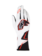 Alpinestars Tech-1 K Race V2 Graphic 1 kartinghandskar, vita med svart och Hot Orange geometrisk design, med Alpinestars stjärnlogotyp på ovansidan och pekfingret, lättviktigt ventilerande textilmaterial med förlängd manschett