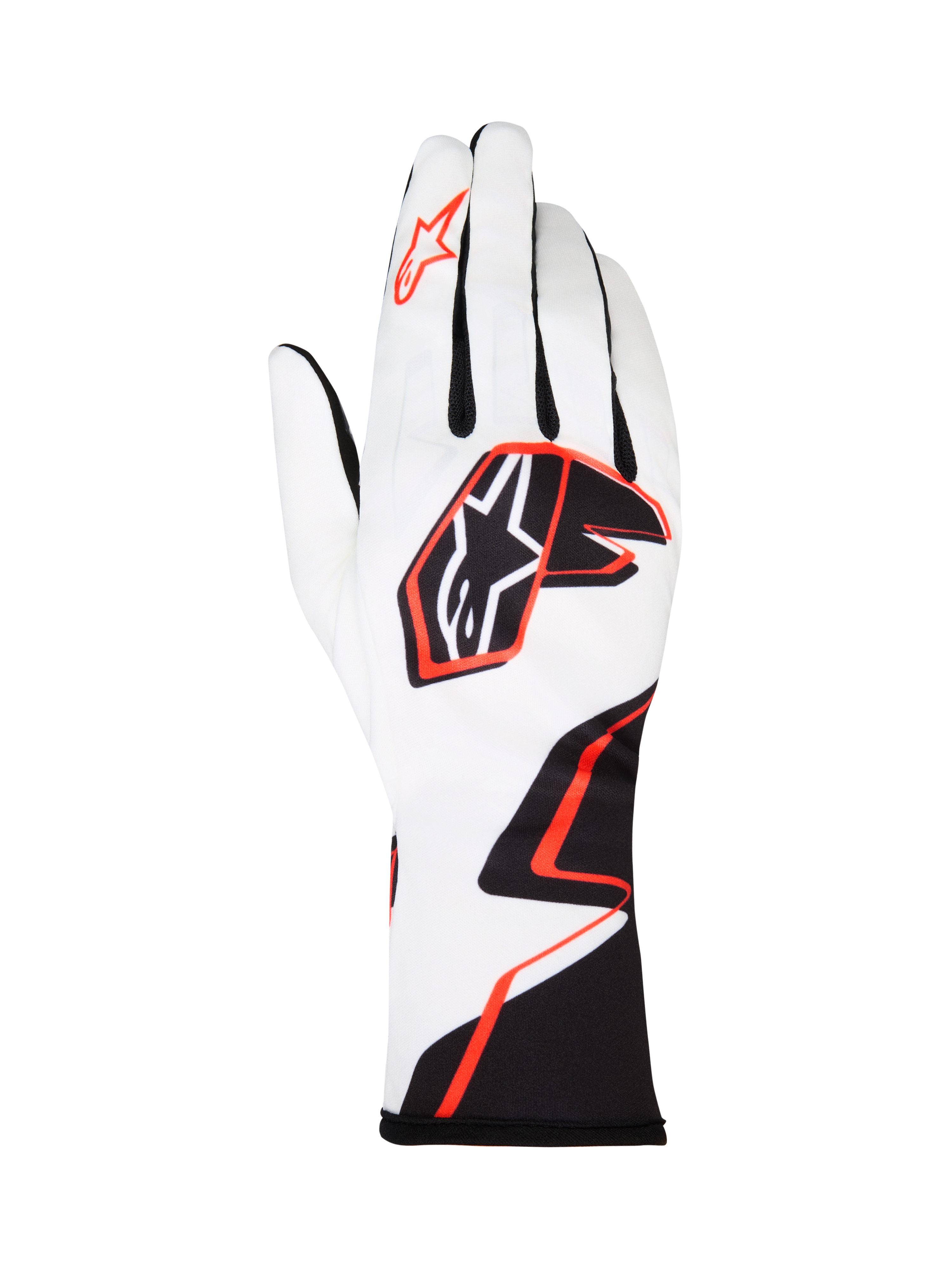 Alpinestars Tech-1 K Race V2 Graphic 1 kartinghandskar, vita med svart och Hot Orange geometrisk design, med Alpinestars stjärnlogotyp på ovansidan och pekfingret, lättviktigt ventilerande textilmaterial med förlängd manschett