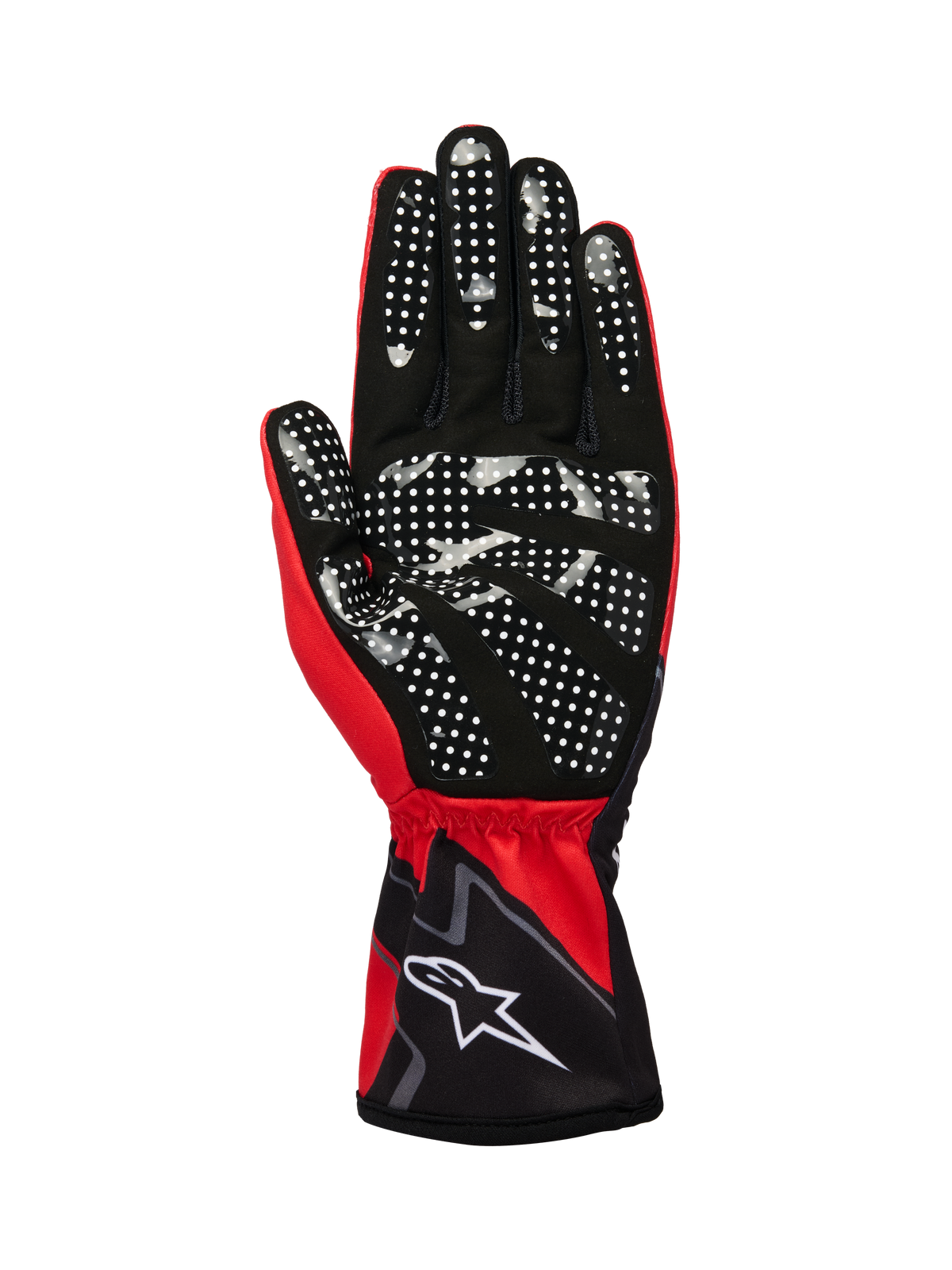 Alpinestars Tech-1 K Race V2 handskar Graphic 1, karthandskar, röd, svart och vit, vy av handflatan med vitt silikonmönster för förbättrat grepp, syntetiskt mockamaterial, elastisk manschett med vit logotyp