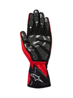 Alpinestars Tech-1 K Race V2 handskar Graphic 1, karthandskar, röd, svart och vit, vy av handflatan med vitt silikonmönster för förbättrat grepp, syntetiskt mockamaterial, elastisk manschett med vit logotyp