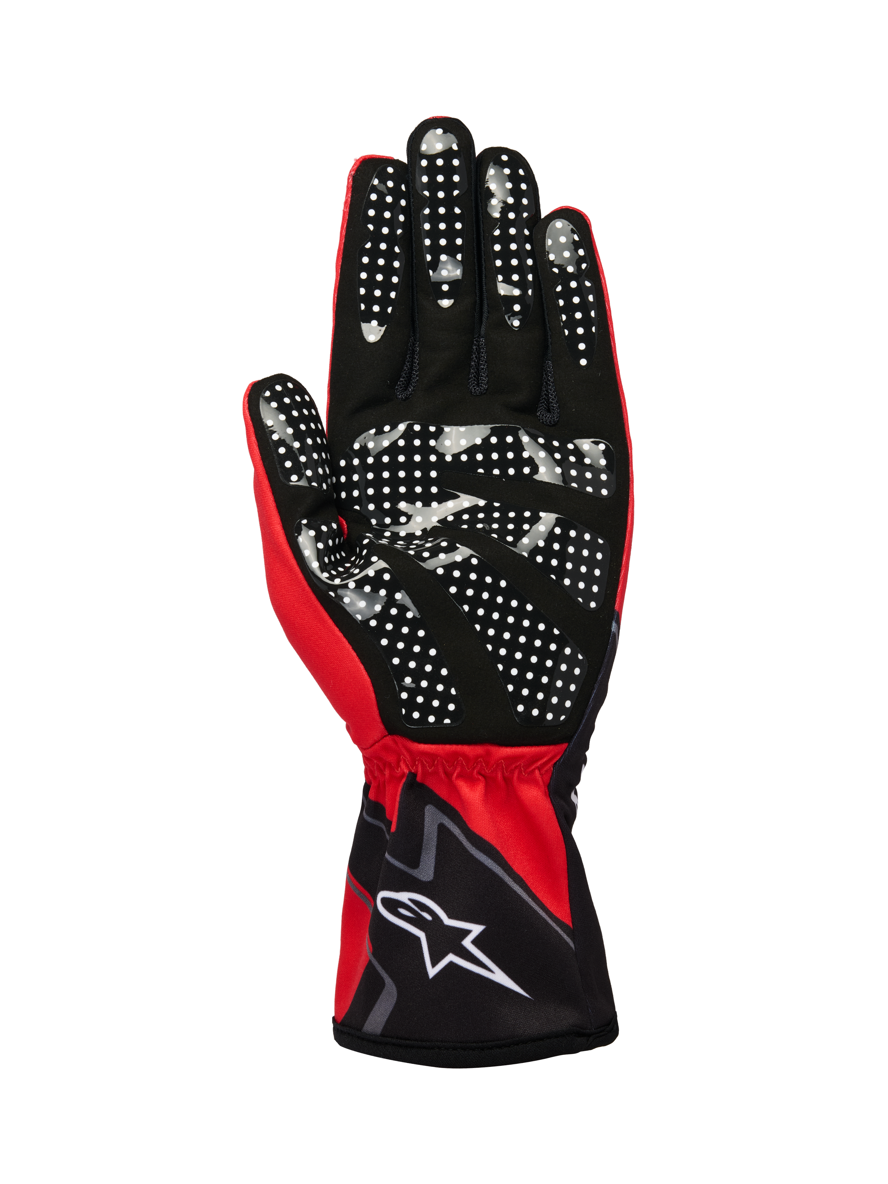 Alpinestars Tech-1 K Race V2 handskar Graphic 1, karthandskar, röd, svart och vit, vy av handflatan med vitt silikonmönster för förbättrat grepp, syntetiskt mockamaterial, elastisk manschett med vit logotyp