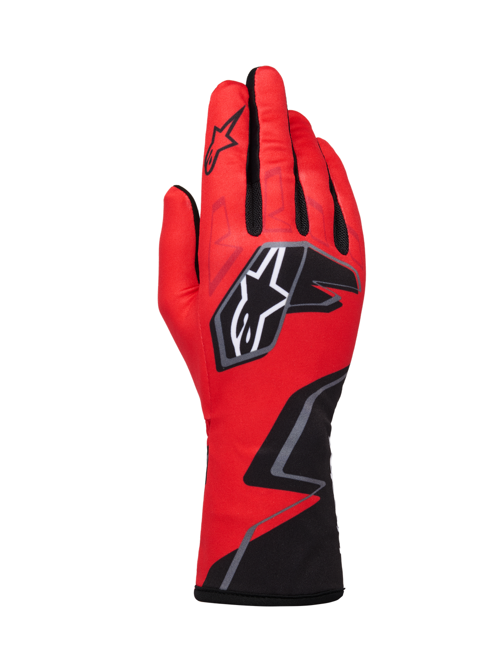 Alpinestars Tech-1 K Race V2-handskar Graphic 1, kartinghandskar, röda med svarta och vita detaljer, framträdande stjärnlogotyp och geometriskt sicksackmönster vid handleden, lätt textilkonstruktion för motorsport
