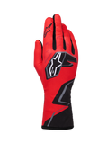 Alpinestars Tech-1 K Race V2-handskar Graphic 1, kartinghandskar, röda med svarta och vita detaljer, framträdande stjärnlogotyp och geometriskt sicksackmönster vid handleden, lätt textilkonstruktion för motorsport