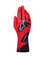 Alpinestars Tech-1 K Race V2-handskar Graphic 1, kartinghandskar, röda med svarta och vita detaljer, framträdande stjärnlogotyp och geometriskt sicksackmönster vid handleden, lätt textilkonstruktion för motorsport