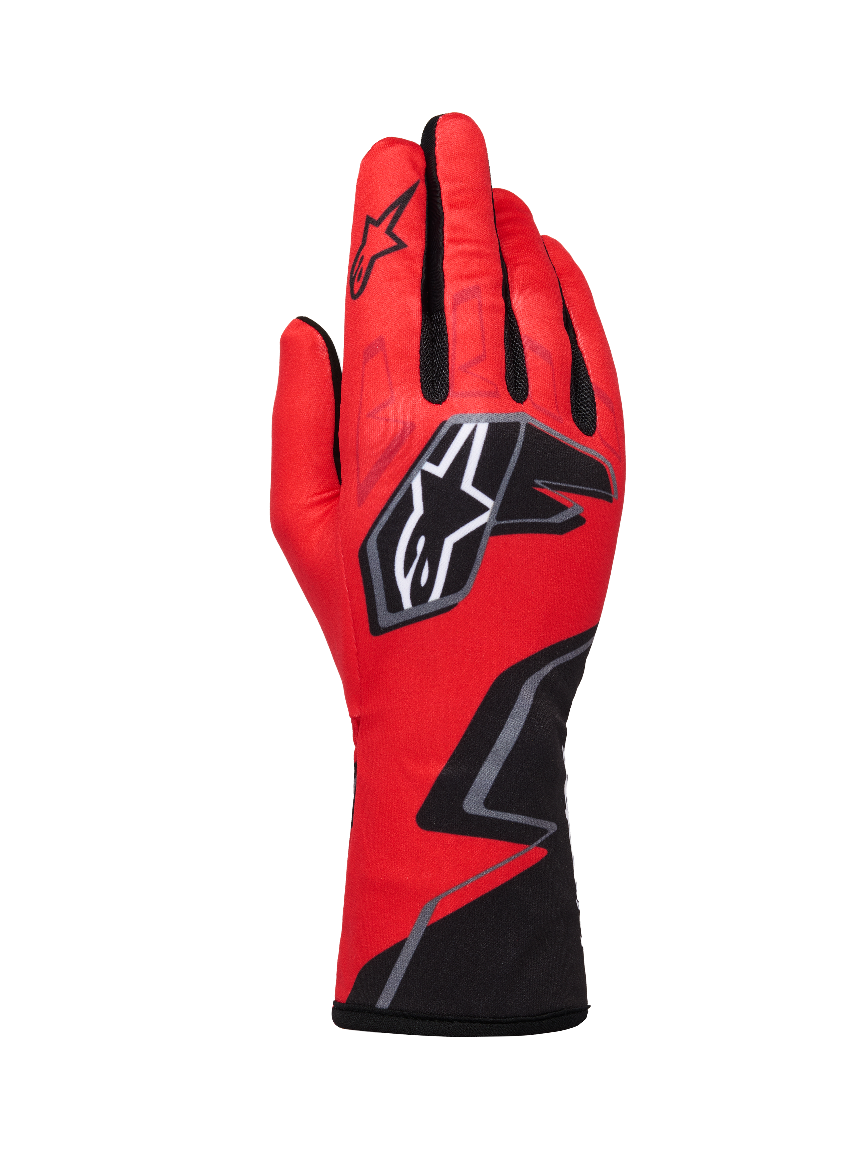 Alpinestars Tech-1 K Race V2-handskar Graphic 1, kartinghandskar, röda med svarta och vita detaljer, framträdande stjärnlogotyp och geometriskt sicksackmönster vid handleden, lätt textilkonstruktion för motorsport