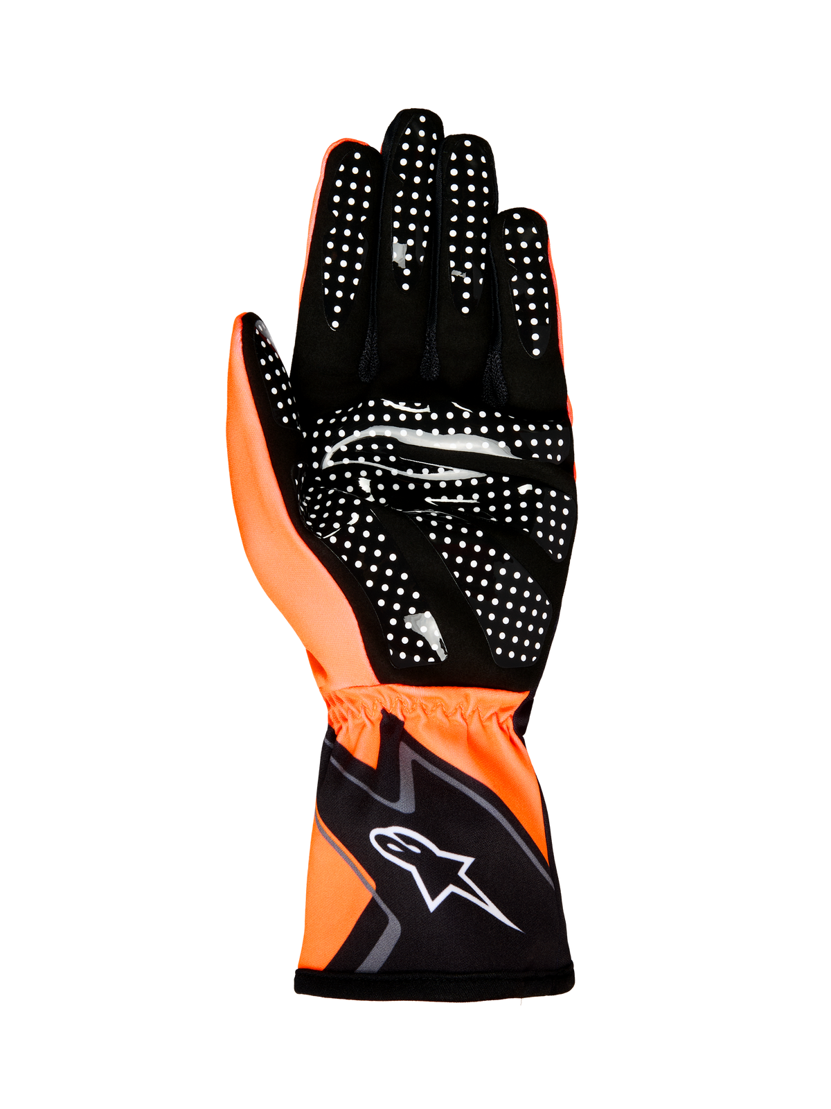 Alpinestars Tech-1 K Race V2 handskar Graphic 1, kartinghandskar, Orange Fluo och svarta, vy av handflatan som visar vitt silikongreppsmönster och Alpinestars-logotyp på manschetten
