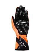 Alpinestars Tech-1 K Race V2 handskar Graphic 1, kartinghandskar, Orange Fluo och svarta, vy av handflatan som visar vitt silikongreppsmönster och Alpinestars-logotyp på manschetten