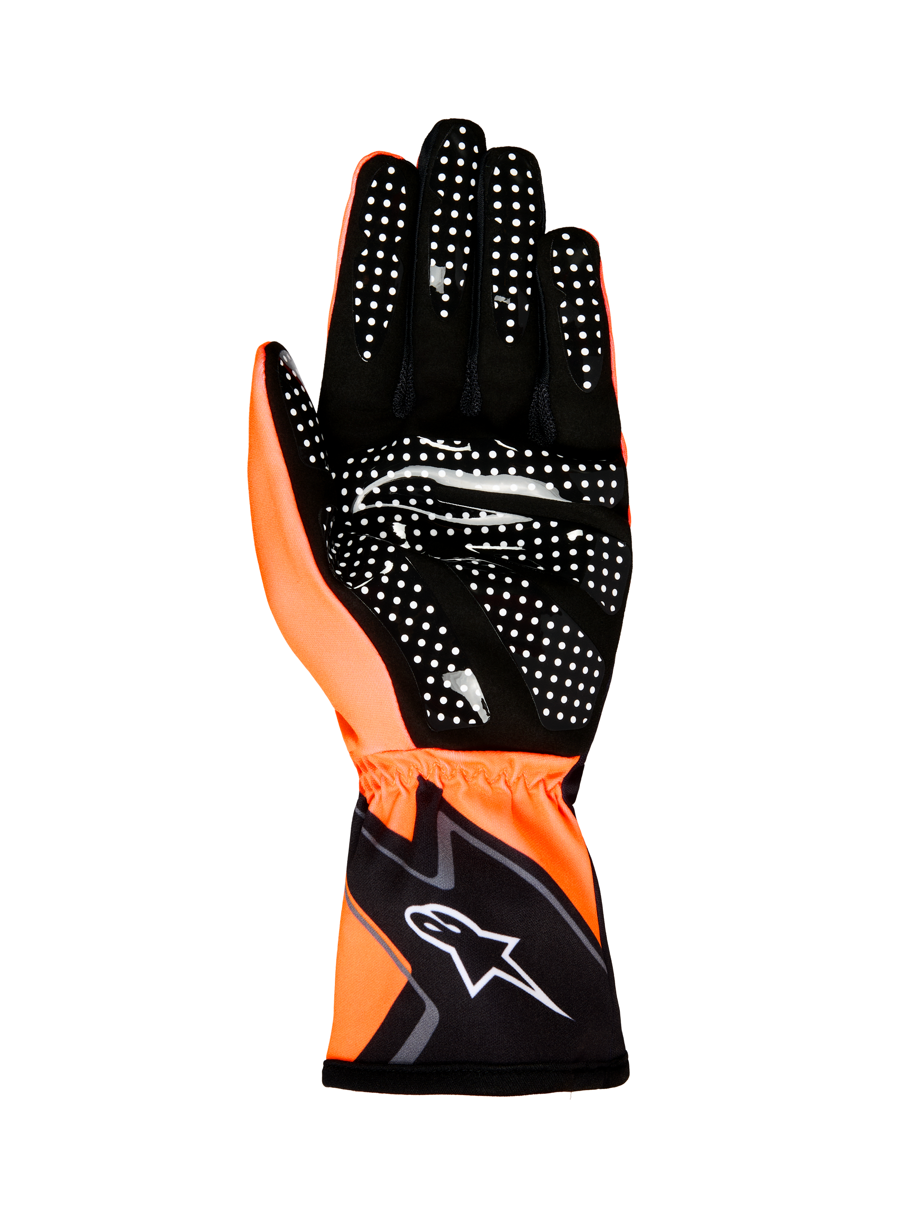 Alpinestars Tech-1 K Race V2 handskar Graphic 1, kartinghandskar, Orange Fluo och svarta, vy av handflatan som visar vitt silikongreppsmönster och Alpinestars-logotyp på manschetten
