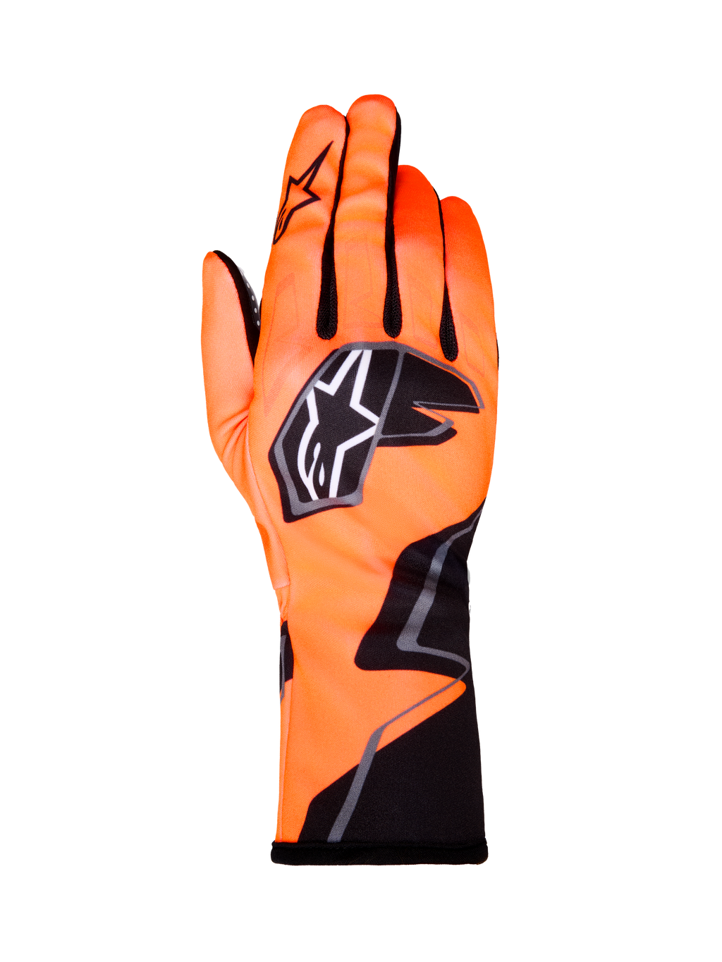 Alpinestars Tech-1 K Race V2 Graphic 1 kartinghandskar, fluorescerande orange med svarta och vita detaljer, baksida av vänsterhandske, tydlig stjärnlogotyp, formpassad textildesign med vinklad grafik