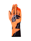 Alpinestars Tech-1 K Race V2 Graphic 1 kartinghandskar, fluorescerande orange med svarta och vita detaljer, baksida av vänsterhandske, tydlig stjärnlogotyp, formpassad textildesign med vinklad grafik