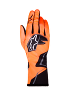 Alpinestars Tech-1 K Race V2 Graphic 1 kartinghandskar, fluorescerande orange med svarta och vita detaljer, baksida av vänsterhandske, tydlig stjärnlogotyp, formpassad textildesign med vinklad grafik