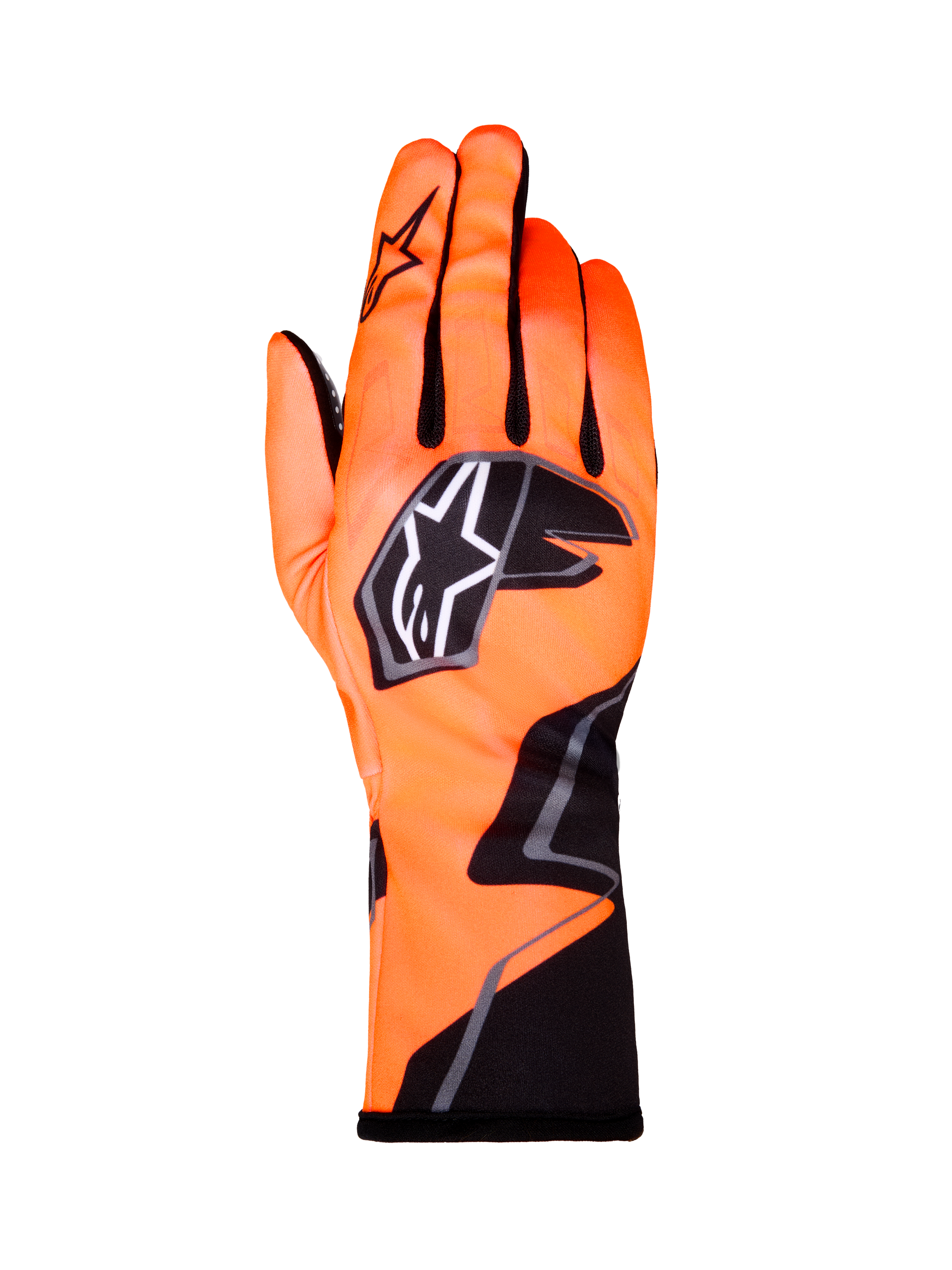 Alpinestars Tech-1 K Race V2 Graphic 1 kartinghandskar, fluorescerande orange med svarta och vita detaljer, baksida av vänsterhandske, tydlig stjärnlogotyp, formpassad textildesign med vinklad grafik
