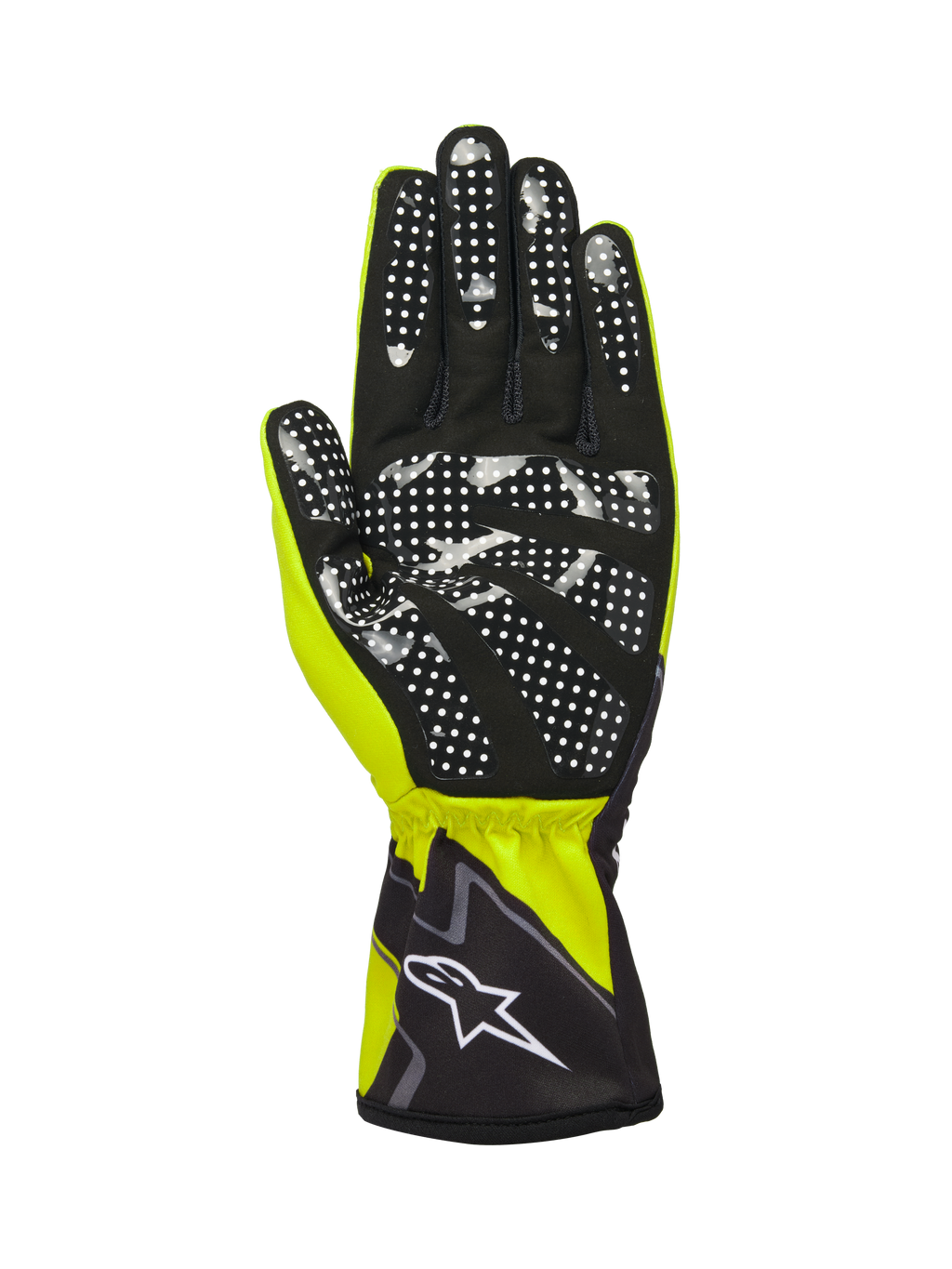Alpinestars Tech-1 K Race V2 Handskar Graphic 1, gul fluo, svart och vit, vy från handflatan med svart syntetisk mocka och ett vitt prickigt greppmönster i silikon, elastisk manschett med vit Alpinestars-logotyp, högpresterande karthandske