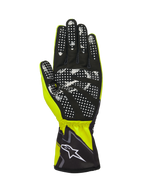 Alpinestars Tech-1 K Race V2 Handskar Graphic 1, gul fluo, svart och vit, vy från handflatan med svart syntetisk mocka och ett vitt prickigt greppmönster i silikon, elastisk manschett med vit Alpinestars-logotyp, högpresterande karthandske