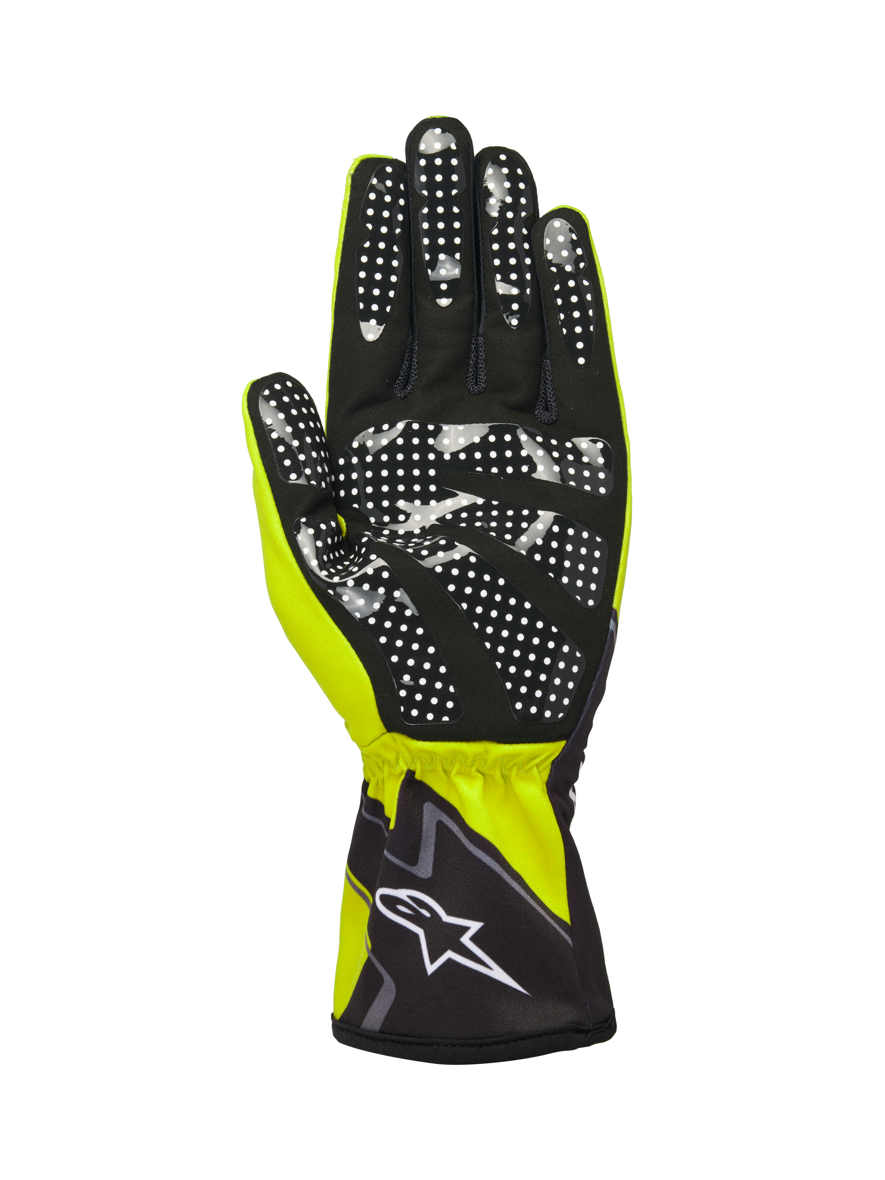 Alpinestars Tech-1 K Race V2 Handskar Graphic 1, gul fluo, svart och vit, vy från handflatan med svart syntetisk mocka och ett vitt prickigt greppmönster i silikon, elastisk manschett med vit Alpinestars-logotyp, högpresterande karthandske