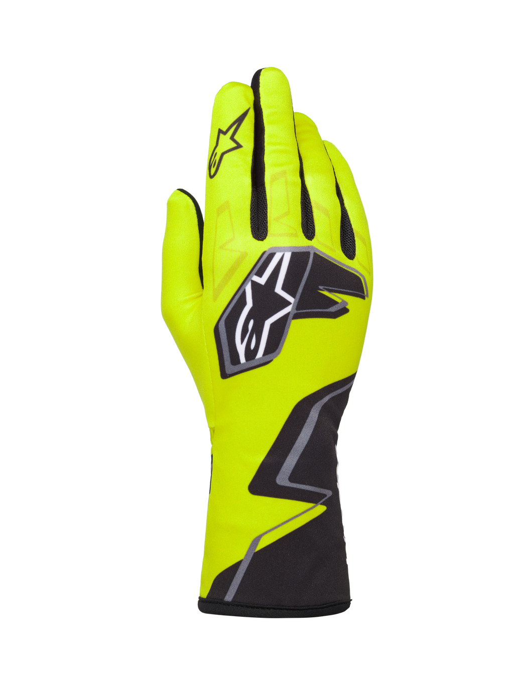 Alpinestars Tech-1 K Race V2 Graphic 1 kartinghandskar, gul fluo, svart och vit, med en stor stjärnlogotyp på handryggen och ett geometriskt mönster vid handleden, professionell motorsportutrustning