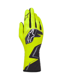 Alpinestars Tech-1 K Race V2 Graphic 1 kartinghandskar, gul fluo, svart och vit, med en stor stjärnlogotyp på handryggen och ett geometriskt mönster vid handleden, professionell motorsportutrustning