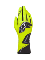 Alpinestars Tech-1 K Race V2 Graphic 1 kartinghandskar, gul fluo, svart och vit, med en stor stjärnlogotyp på handryggen och ett geometriskt mönster vid handleden, professionell motorsportutrustning