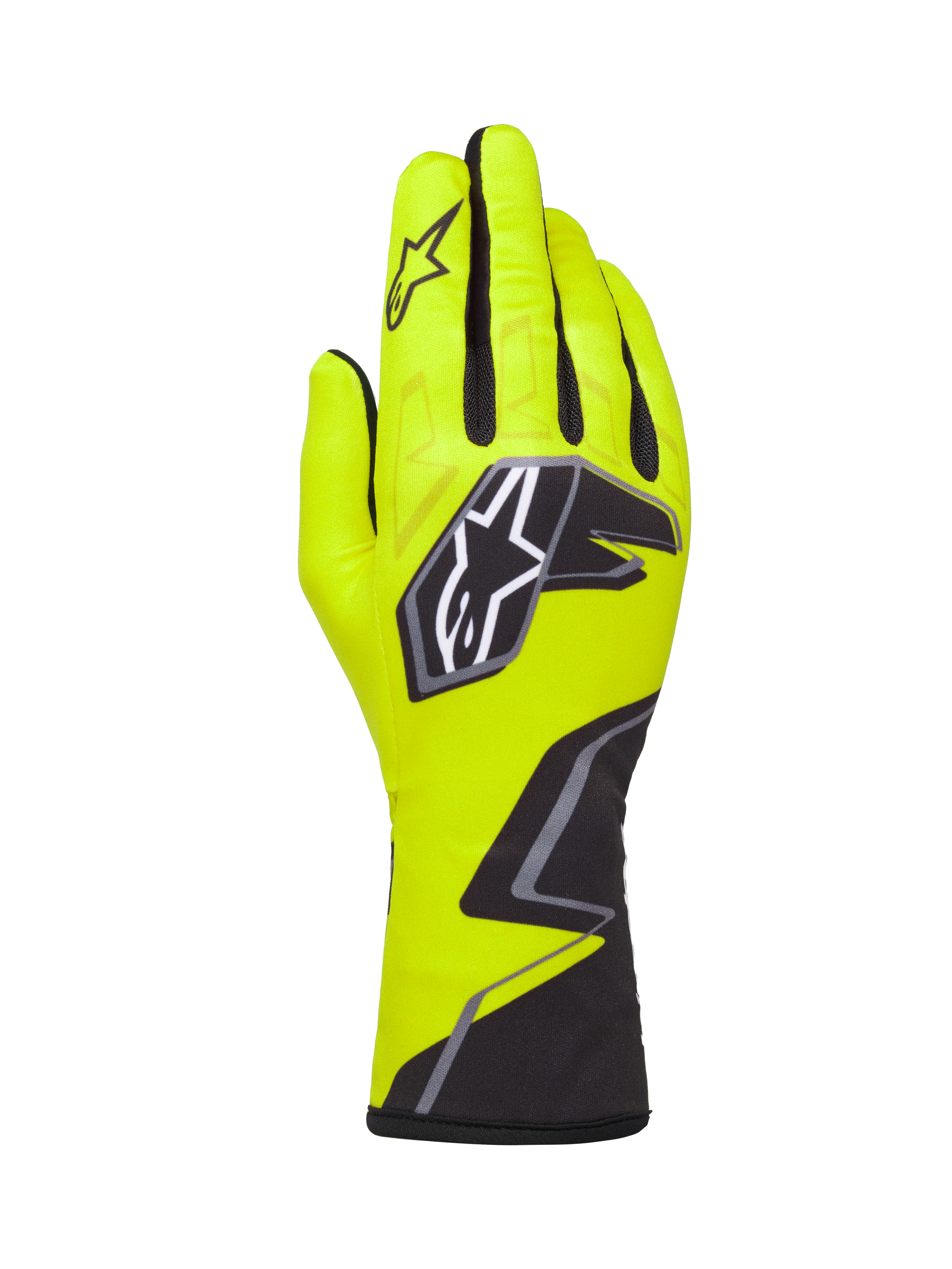Alpinestars Tech-1 K Race V2 Graphic 1 kartinghandskar, gul fluo, svart och vit, med en stor stjärnlogotyp på handryggen och ett geometriskt mönster vid handleden, professionell motorsportutrustning