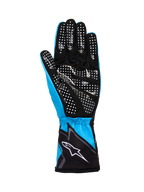 Alpinestars Tech-1 K Race V2 Handskar Graphic 1, kartinghandskar, cyan, svart och vit, med handflata i syntetisk mocka med vitt silikonprickmönster för grepp, elastisk manschett med vit Alpinestars-logotyp, lätt konstruktion med god andningsförmåga för motorsport