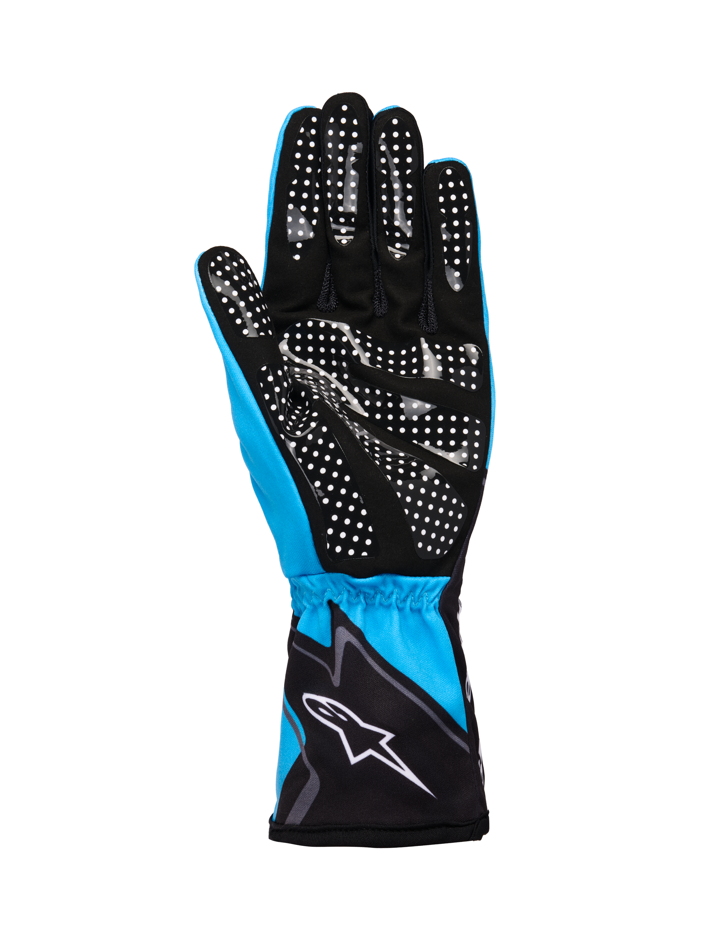 Alpinestars Tech-1 K Race V2 Handskar Graphic 1, kartinghandskar, cyan, svart och vit, med handflata i syntetisk mocka med vitt silikonprickmönster för grepp, elastisk manschett med vit Alpinestars-logotyp, lätt konstruktion med god andningsförmåga för motorsport