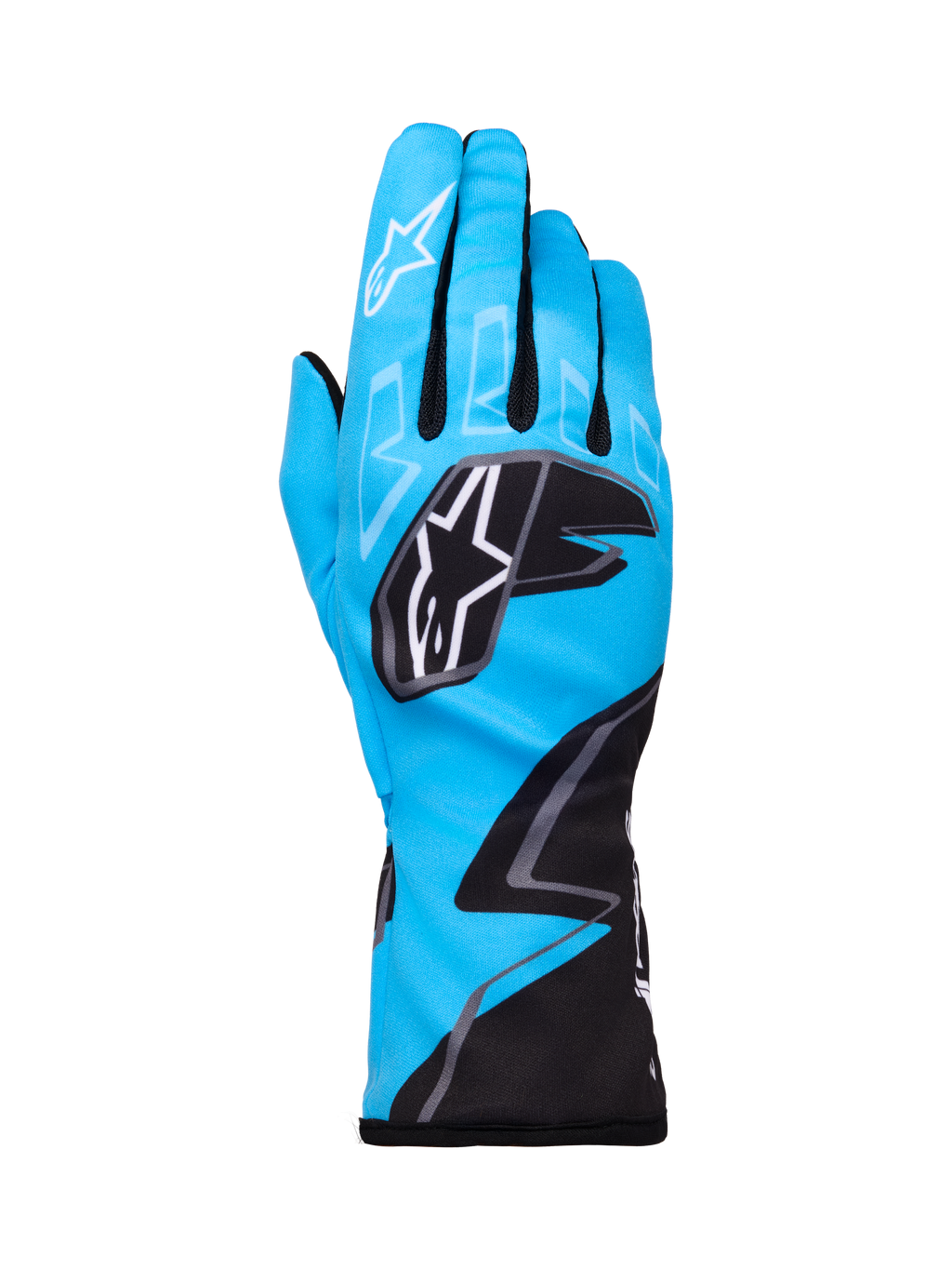 Alpinestars Tech-1 K Race V2 Gloves Graphic 1, kartinghandskar, cyan, svart och vit, med djärva geometriska mönster, vit Alpinestars-stjärnlogotyp på knogarna, förlängd manschett, lätt och ventilerande material för kartingprestanda
