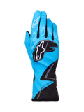 Alpinestars Tech-1 K Race V2 Gloves Graphic 1, kartinghandskar, cyan, svart och vit, med djärva geometriska mönster, vit Alpinestars-stjärnlogotyp på knogarna, förlängd manschett, lätt och ventilerande material för kartingprestanda